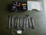 Lot Of Hand Ratchet Wrenches & A Box Of Various Drill Bits & Such