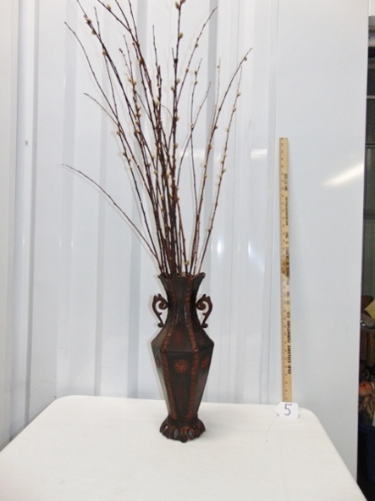 Bronzed Metal Patterned Vase W/ Cat Tails