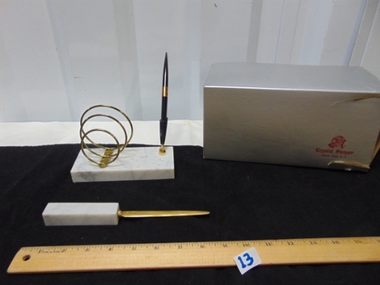 Never Used Vtg Desk Set: Pen & Letter Holder On Marble Base & Marble Handle