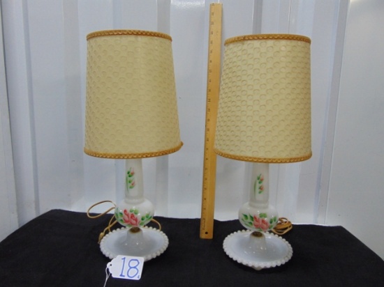 Matching Set Of Hand Painted Milk Glass Table Lamps