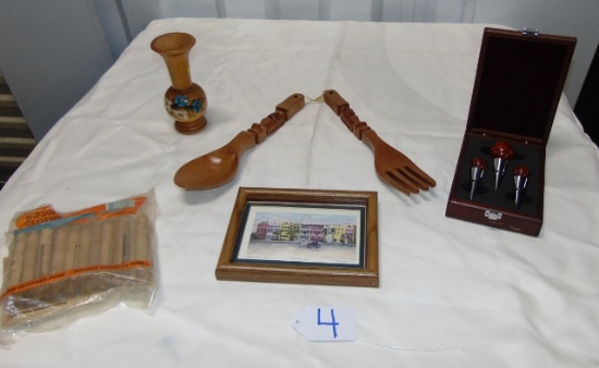 Vtg To New Wood Lot: N I B Wine Bottle Stoppers, Vase, Wall Spoon & Fork,