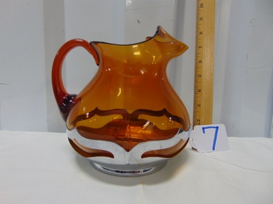 Vtg Farber Bros Chrome - Kraft Amber Glass Pitcher W/ Chrome Fitting