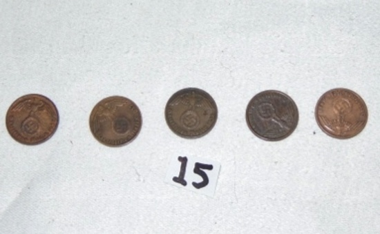 Lot Of 5 Nazi 1 Reichsphennig Brinze Coins