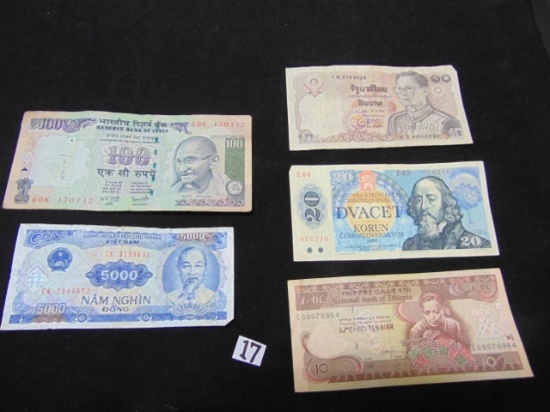 Lot Of 5 Various Bank Notes From India, Czechoslovakia, Ethiopia, Viet Nam &