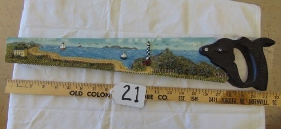 Wall Hanging Painted Saw Featuring A Seascaoe Scene With Lighthouse