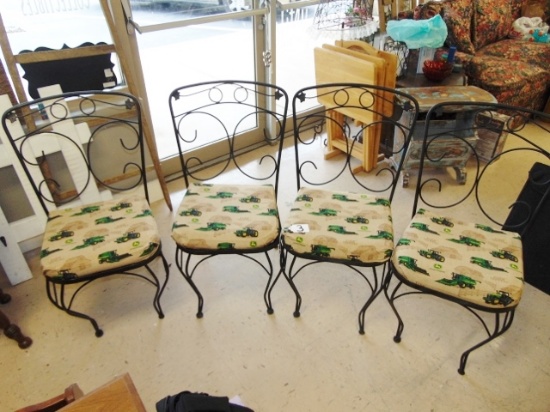 Set Of 4 Wrought Iron Chairs W/ John Deere Upholstery (local Pick Up Only)