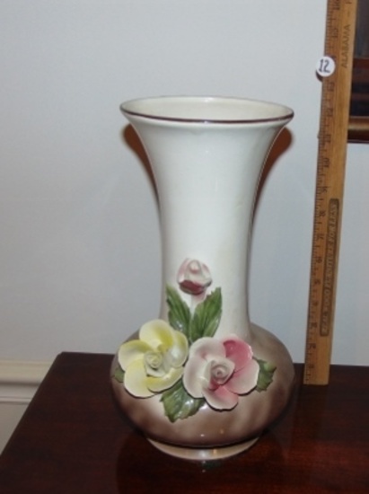 Vtg Capodimonte Italy Porcelain Vase W/ Applied Flowers