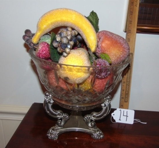 Vtg Thick Lead Crystal Bowl On A Godinger Silver Plated Stand W/ Faux Fruit & Berries