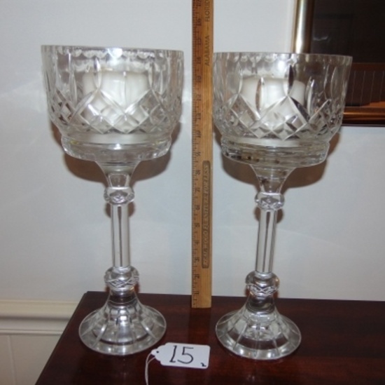 Matching Pair Of Tall Vtg Lead Crystal Pillar Candle Holders