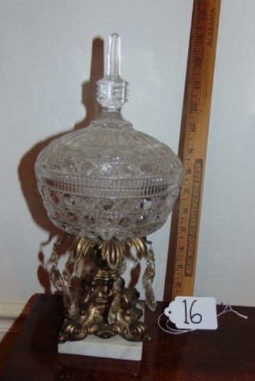 Vtg Cut Crystal Candy Dish On A Brass W/ Italian Marble Base W/ Crystals