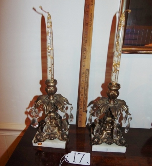 Vtg Brass Candle Holders On A Italian Marble Base W/ Lucite Candles W/ Gold Flake