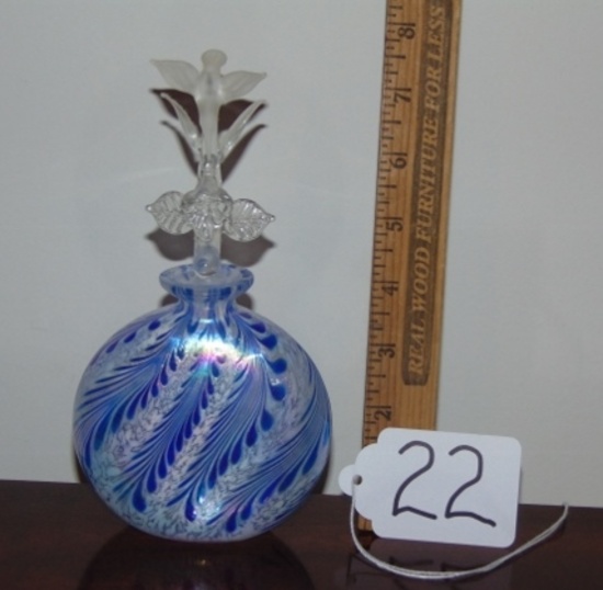 Blown Art Glass Perfume Bottle W/ Frosted Glass Hummingbird & Flowers Stopper