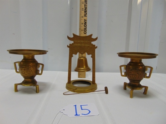 Vtg Brass Lot: Oriental Bell W/ Small Hammer & 2 Candle Holders