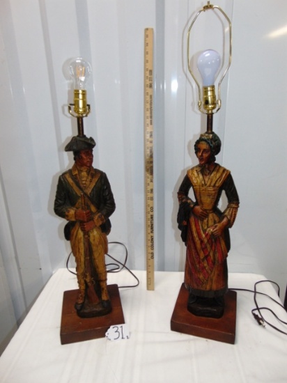 Vtg Pair Of 1971 Dunning Ind. Lamps: Betsy Ross & Revolutionary War Soldier