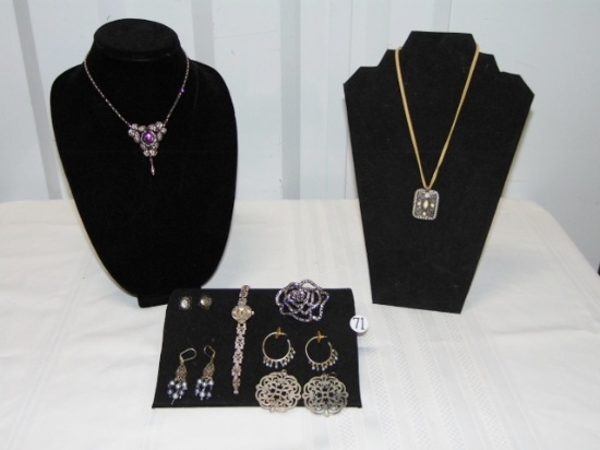 Another Hippie Grandma Lot: 2 Necklaces, 4 Sets Of Earrings, A Brooche & A