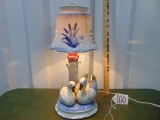 Vtg Porcelain Swan Boudoir Lamp With Porcelain Shade