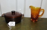 Vtg Anchor Hocking 2 Quart Casserole W/ Lid & Vtg Amber Glass Pitcher