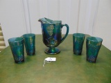 Vtg Blue Harvest Grape Carnival Glass Pitcher & 4 Matching Tea Glasses