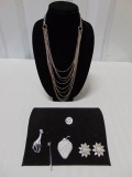 Lot Of Silver Tone Costume Jewelry: Multi Strand Necklace, Giraffe Brooch,