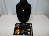 Vtg Gold Tone Jewelry Lot, Rhinestones Too: Necklace W/ Locket, 2 Brooches,