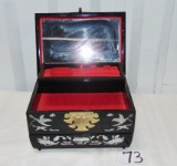Oriental Black Lacquer Jewelry Box W/ Mother Of Pearl Inlay Designs