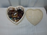 Heart Shaped Padded Box Full Of Vtg Costume Jewelry