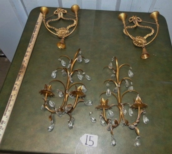 2 Sets Of Gold Tone Wall Sconce Candle Holders