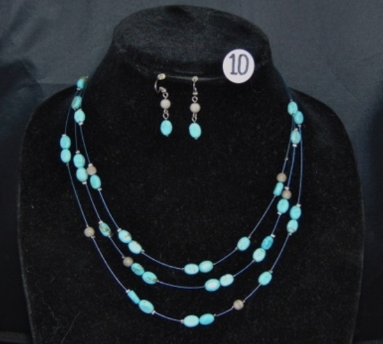 3 Strand Turquoise Necklace W/ Matching Earrings