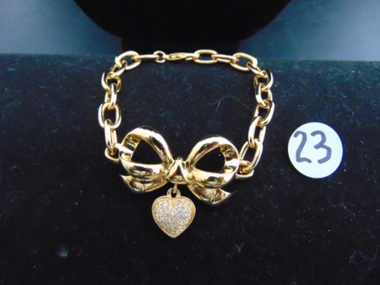 Vtg Signed W D (whiting Davis ) Bow With Pave Rhinestone Dangling Heart Bracelet