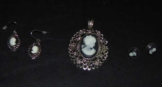 Black Cameo Pendant W/ 2 Matching Sets Of Pierced Black Cameo Earrings