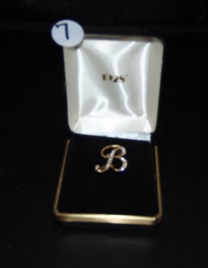 1928 Pin / Brooch Gold Tone Letter " B " Encrusted W/ Clear Rhinestones