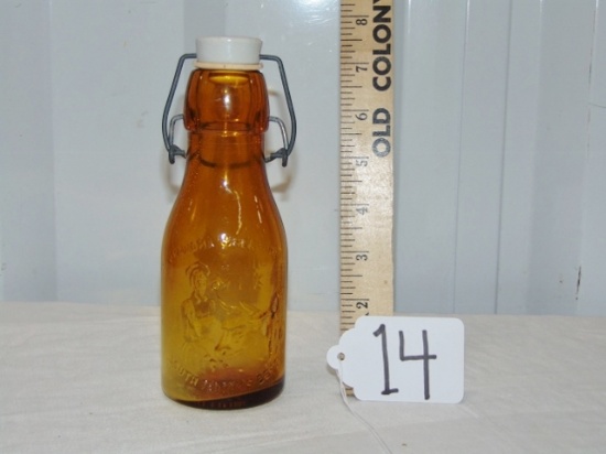 Vtg Grandma Wheaton's Amber Glass Milk Bottle W/ Porcelain Stopper