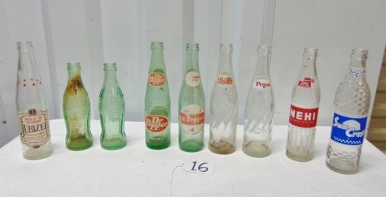 Lot Of 9 Vtg Glass Soda Bottles: 1 Jubilee Commemorative, 2 Six Ounce Coke Bottles,