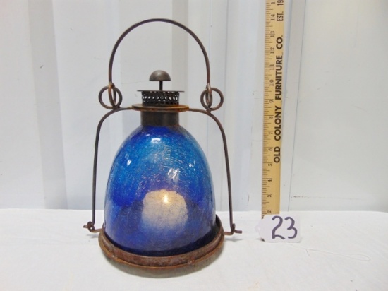 Cast Iron W/ Blue Crackle Glass Globe Covered Candle Holder