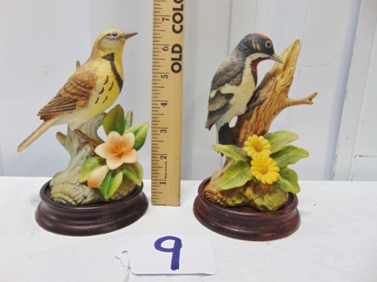 2 Vtg Porcelain Bird Figurines On Wooden Stands By Andrea By Sadek & Made