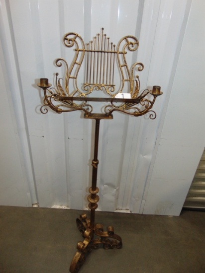 Antique Cast Iron Antiqued Gold Music Stand W/ Adjustable Candle Holders LOCAL PICK UP ONLY