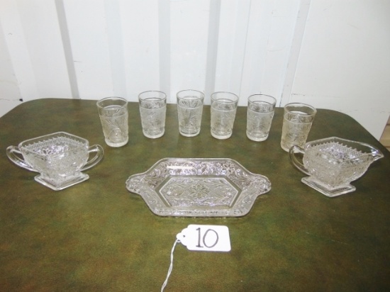 Vtg E A P G Matching Set: 6 Juice Glasses, Creamer, Sugar Bowl & Mint Tray