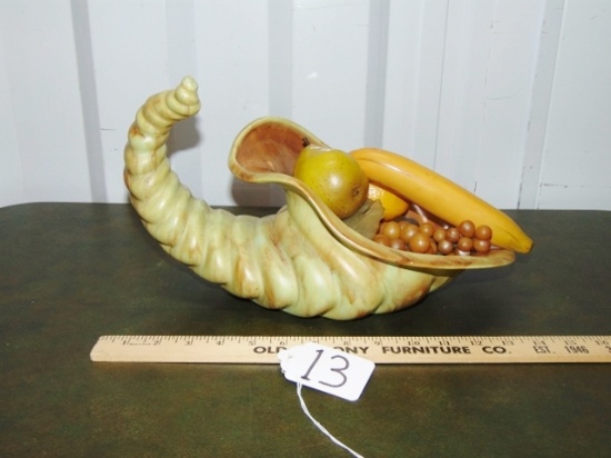 Beautiful Vtg Ceramic Horn Of Plenty W/ Plastic Fruit