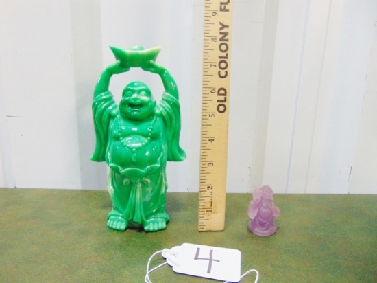 8 Inch Tall Jade Green Glass Laughing Buddha & 2 Inch Tall Purple Glass