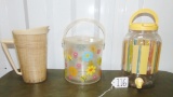 Vtg Late 1960s Kitchen Items: Plastic & Real Weave Pitcher, Acrylic Ice Bucket &