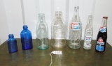 Vtg Bottle Lot: 2 Milk Bottles; 2 Phillip's M O M, 2 Pepsi & 1 Coke
