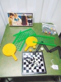 Chess Game, Parcheesi, Indoor Paddle Ball Set & Miniature Pool Balls & Rack
