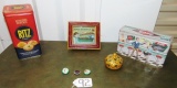 Miscellaneous Lot: 2 Tins, Shadow Box W/ Toy Boat Ad, 3 Political Pin Backs &