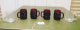 4 Ruby Red Glass Embossed Christmas Mugs & 2 Clear Glass Christmas Mugs
