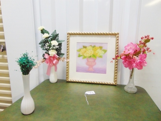 Colorful Still Life Print, 3 Vases & 3 Sets Of Faux Floral Arrangements