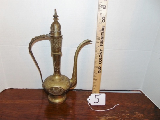 Vtg Ornately Etched Solid Brass Tea Pot / Oil Vessel