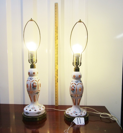 Matching Set Of Vtg Enamel Metal Over Glass Table Lamps, Made In Czechoslovakia