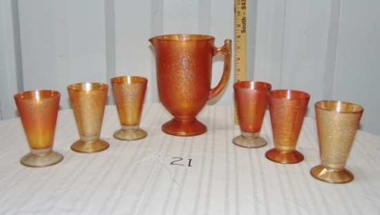 Vtg Jeannette Crackle Pattern Carnival Glass Marigold Pitcher And 6 Tumblers