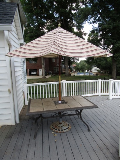 Wrought Iron W/ Tile Top Patio Table W/ Umbrella And Cast Iron Stand (Local Pick Up Only)