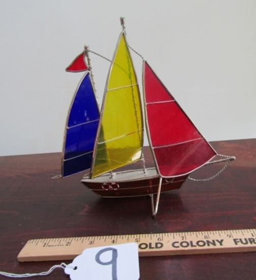 Nice Hand Crafted Metal & Colored Glass Sail Boat